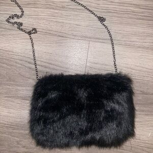 Nordstrom Black Faux Fur Clutch with Chain Strap